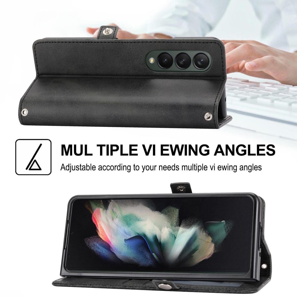 For Samsung Galaxy Z Fold4 5G Leather Grid Texture Phone Case With Lanyard - Blue