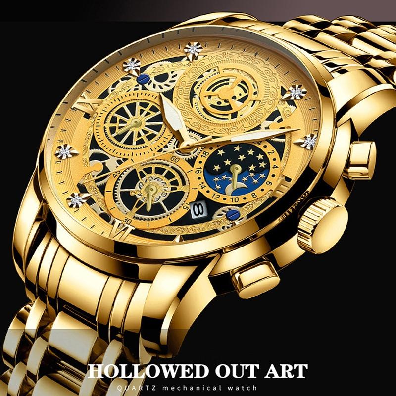 Waterproof Luminous Quartz Watch with Multifunctional Design - Inter-Gold Black Surface