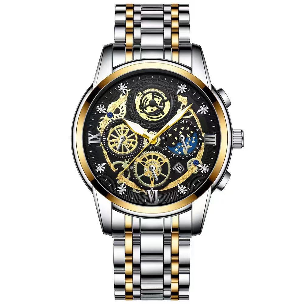 Waterproof Luminous Quartz Watch with Multifunctional Design - Inter-Gold Black Surface