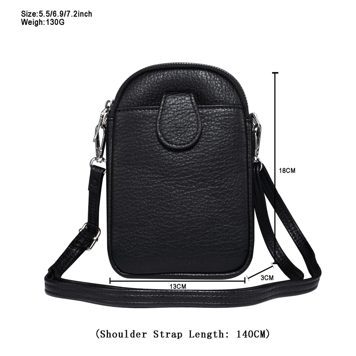 Litchi Texture Phone Crossbody Bag Leather Case For 5.5 Inch - 7.2 Inch Phones - Black