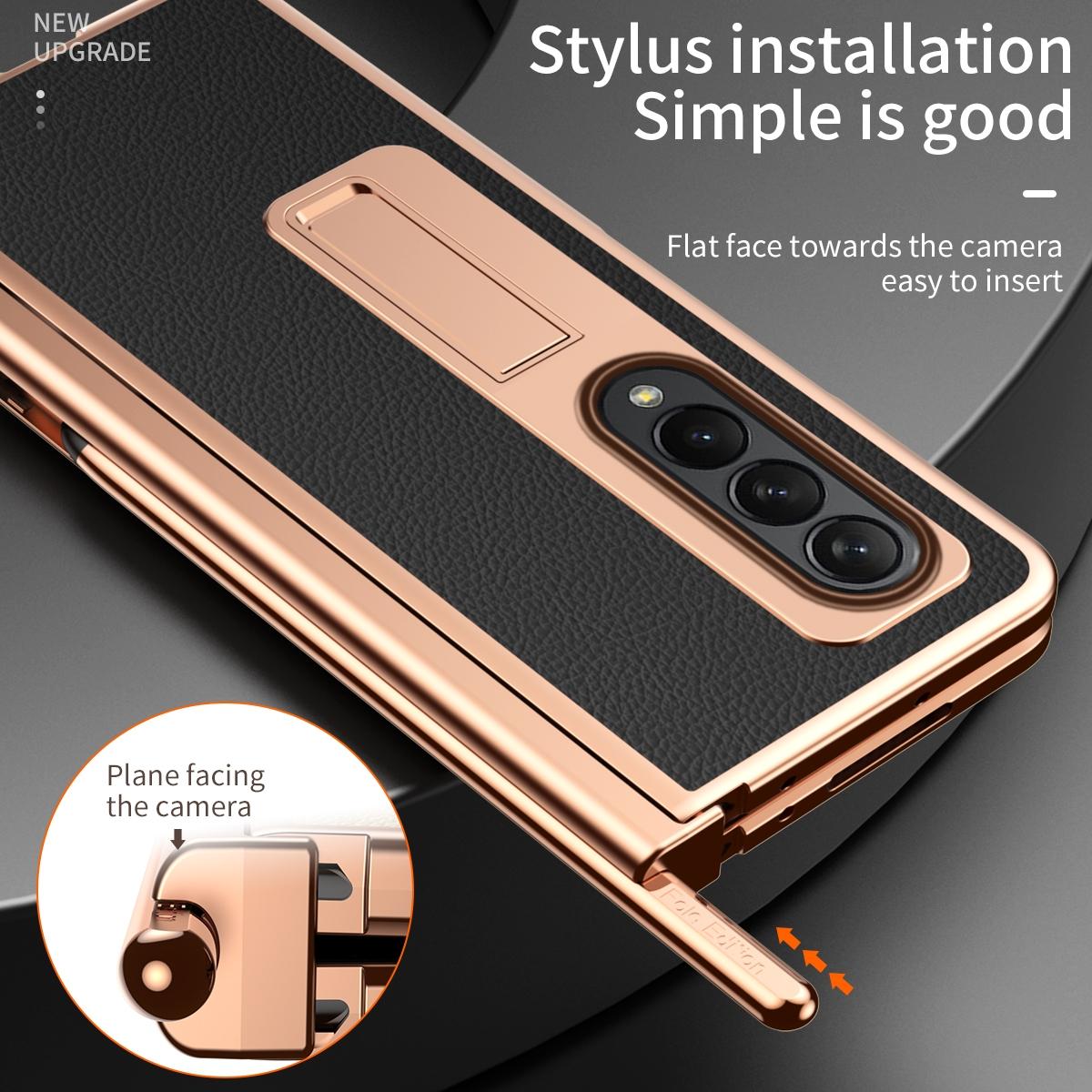 For Samsung Galaxy Z Fold4 5G Premium Litchi Leather Hinged Phone Case - With Pen - Black