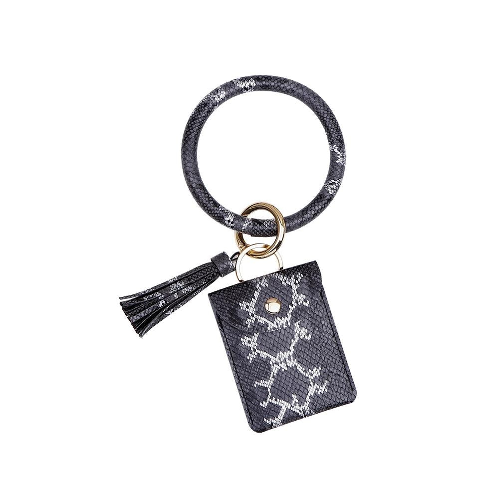 Snake Print Wrist Keychain Coin Purse Black Pu Leather Bracelet Card Case - Black