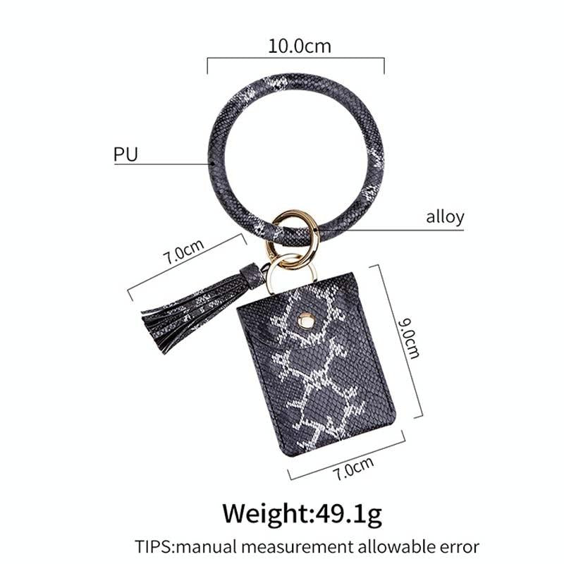 Snake Print Wrist Keychain Coin Purse Black Pu Leather Bracelet Card Case - Black
