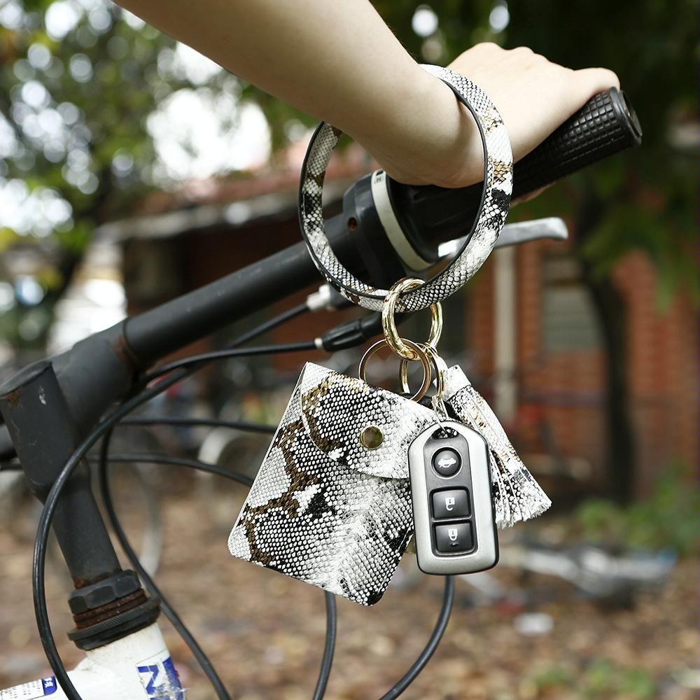 Snake Print Wrist Keychain Coin Purse Black Pu Leather Bracelet Card Case - Black