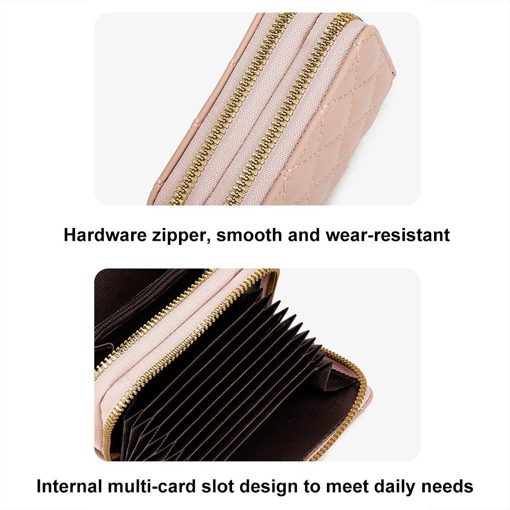 Double Layer Zipper Wallet Multi Card Slot Large Capacity Rhombus Design - Pink
