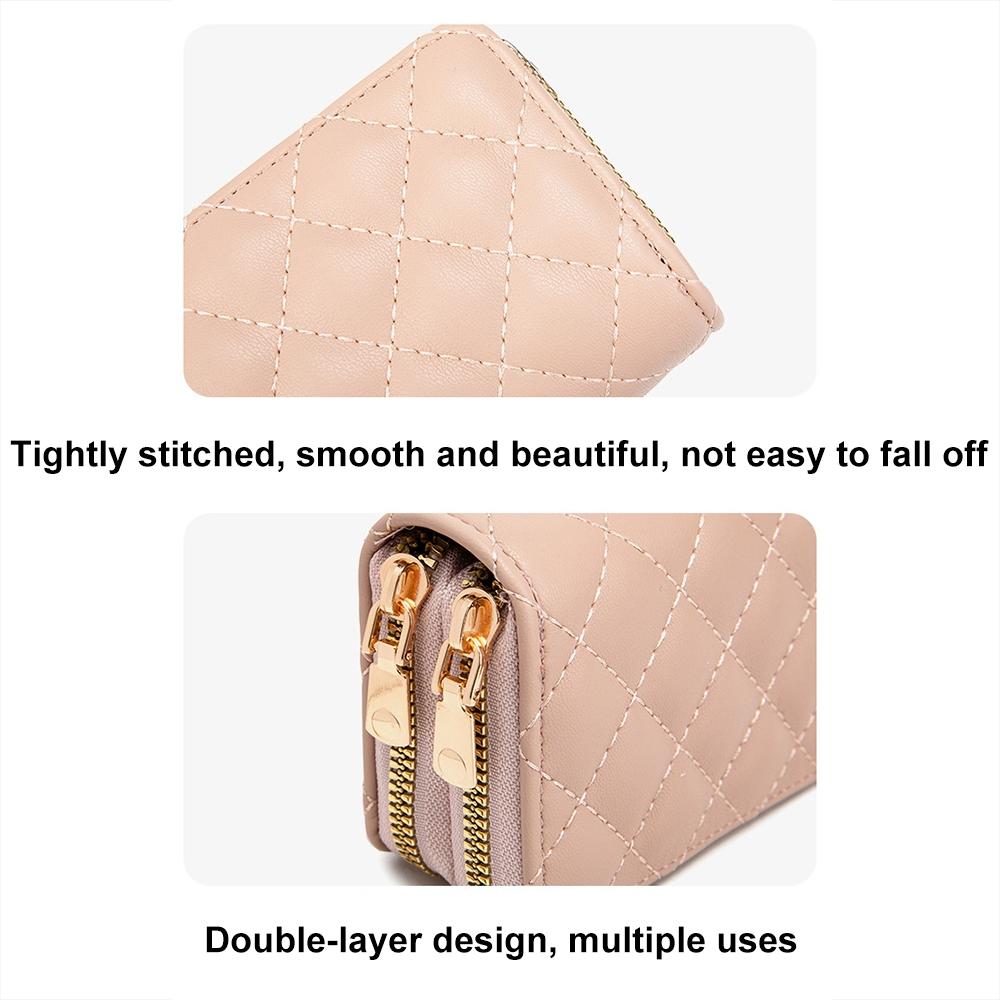 Double Layer Zipper Wallet Multi Card Slot Large Capacity Rhombus Design - Pink