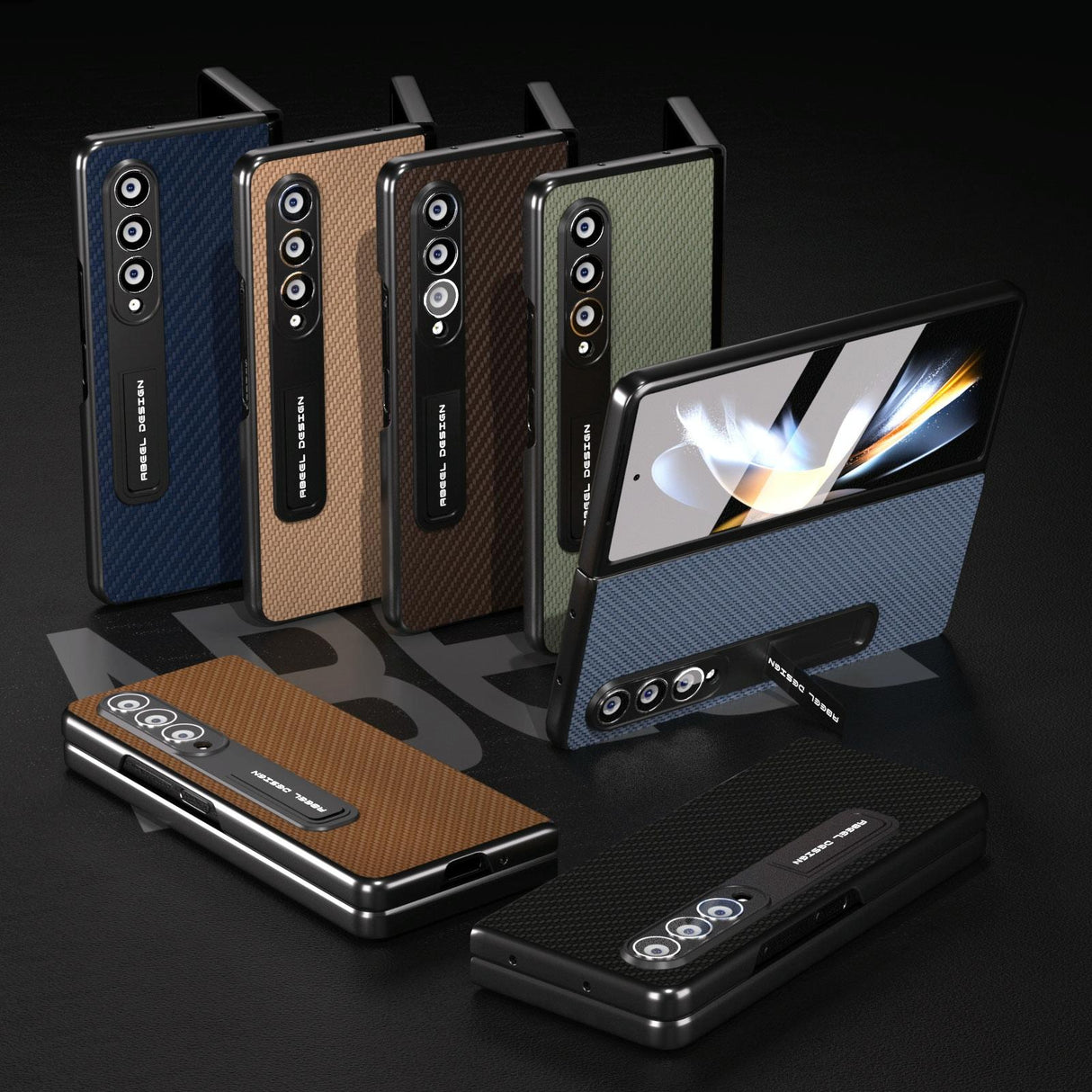 For Samsung Galaxy Z Fold4 5G Carbon Fiber Phone Case With Holder - Gold