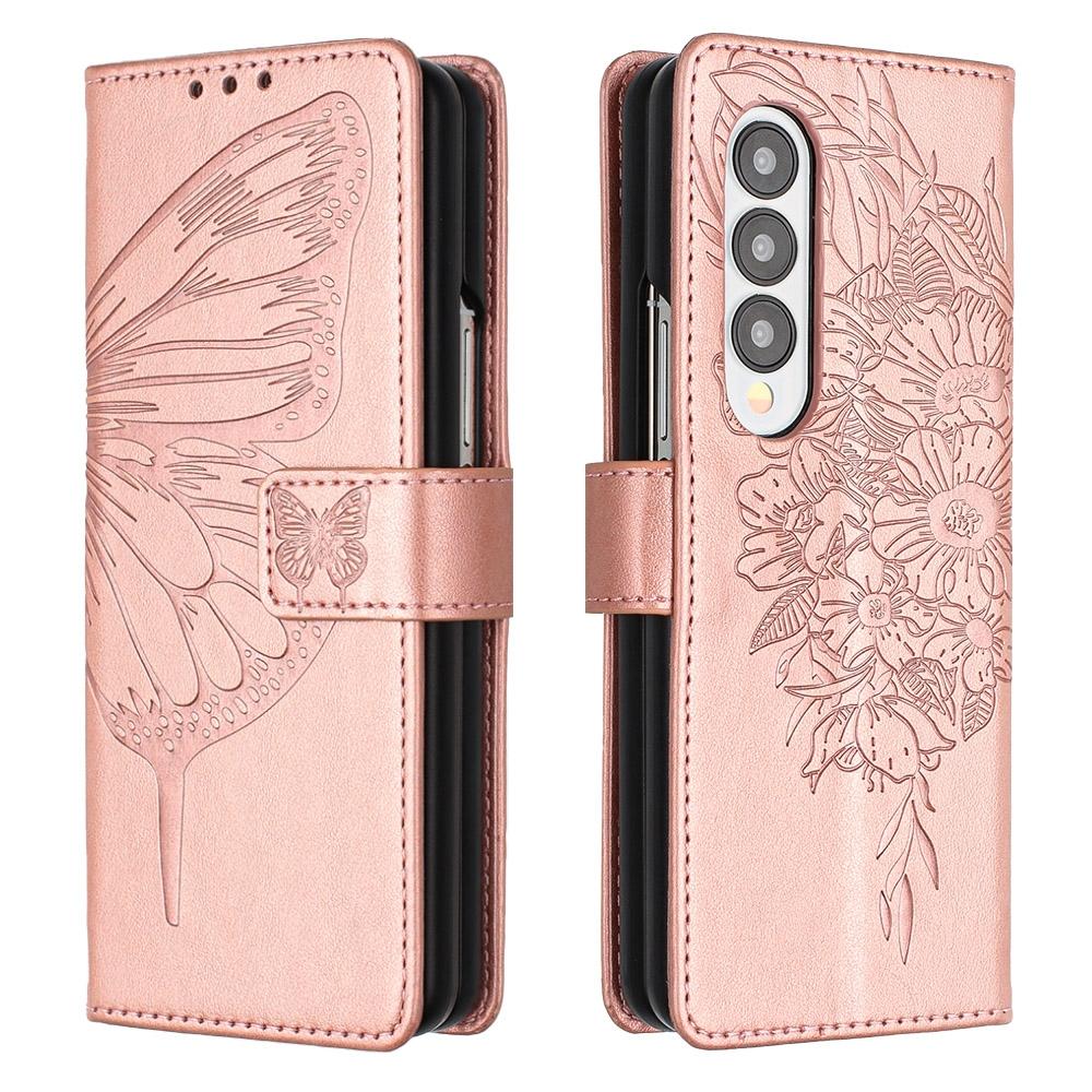 For Samsung Galaxy z Fold4 5G Butterfly Embossed Leather Phone Case - Rose Gold