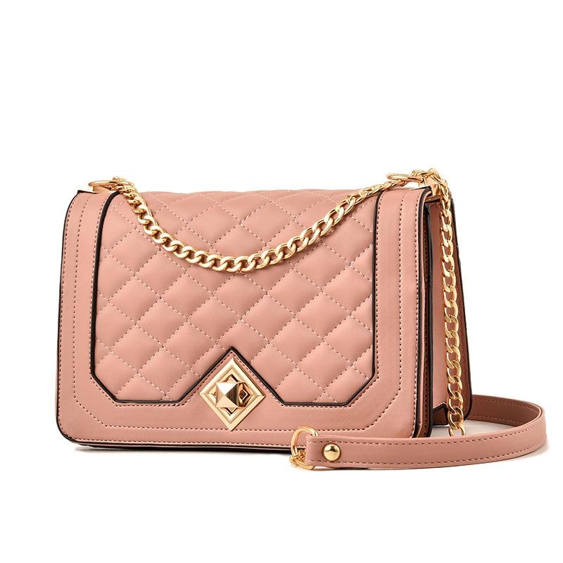 Chic One Shoulder Chain Bag With Diagonal Rhombus Design - Pink