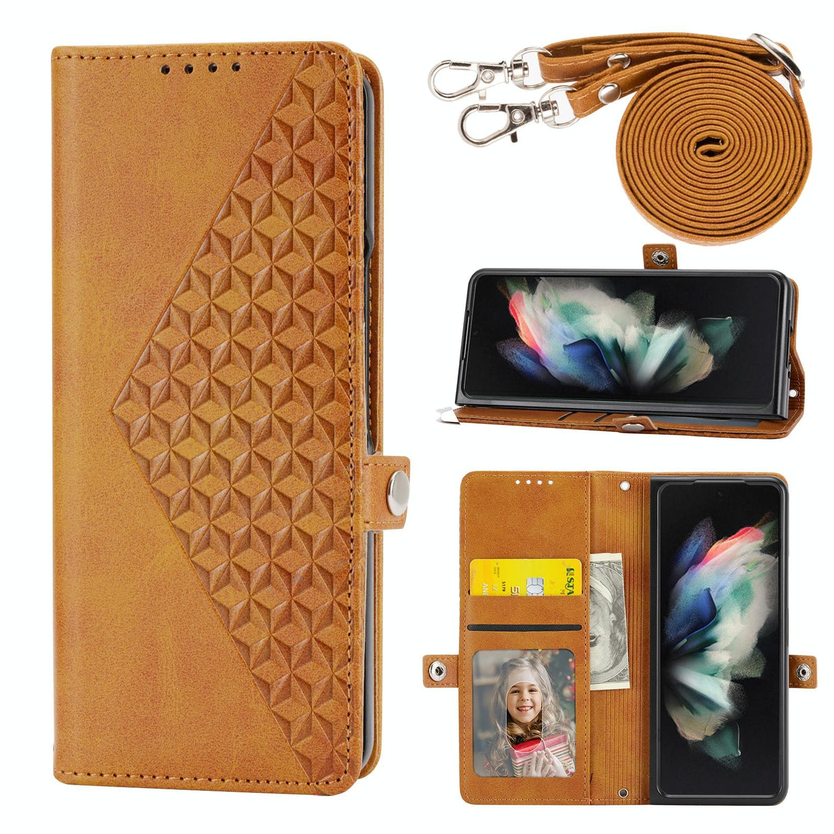 For Samsung Galaxy Z Fold4 5G Leather Grid Texture Phone Case With Lanyard - Yellow