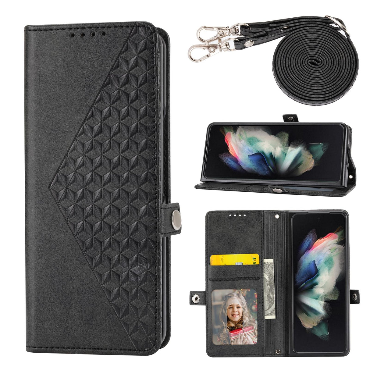 For Samsung Galaxy Z Fold4 5G Leather Grid Texture Phone Case With Lanyard - Yellow