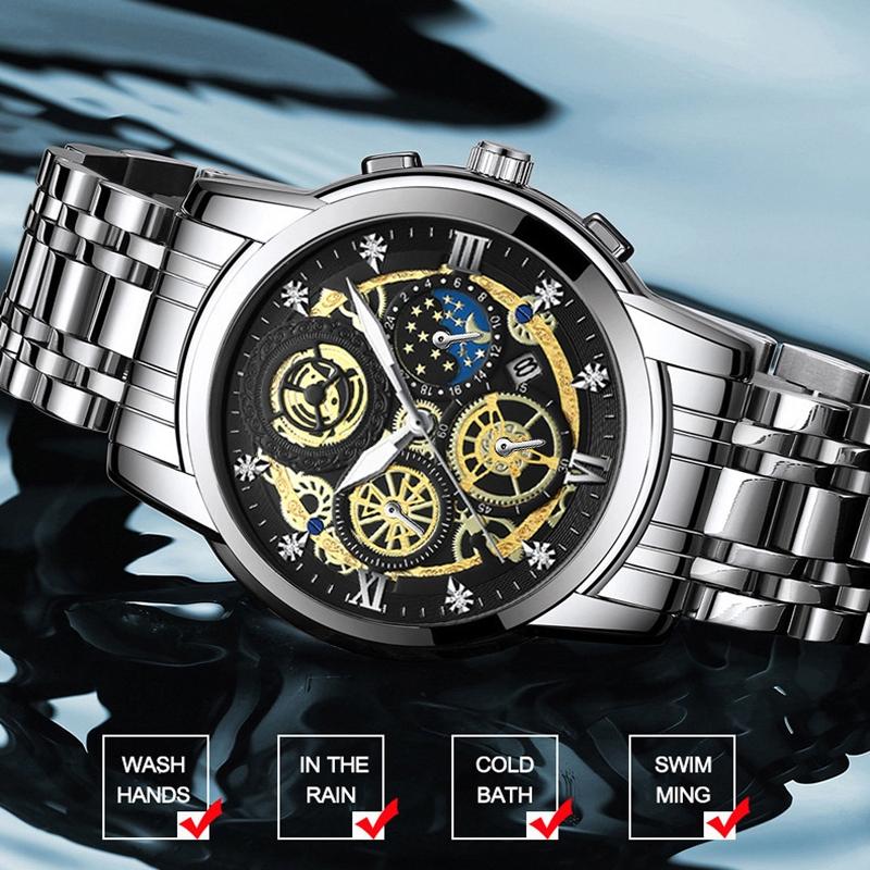 Waterproof Luminous Quartz Watch with Multifunctional Design - White Steel Black Surface