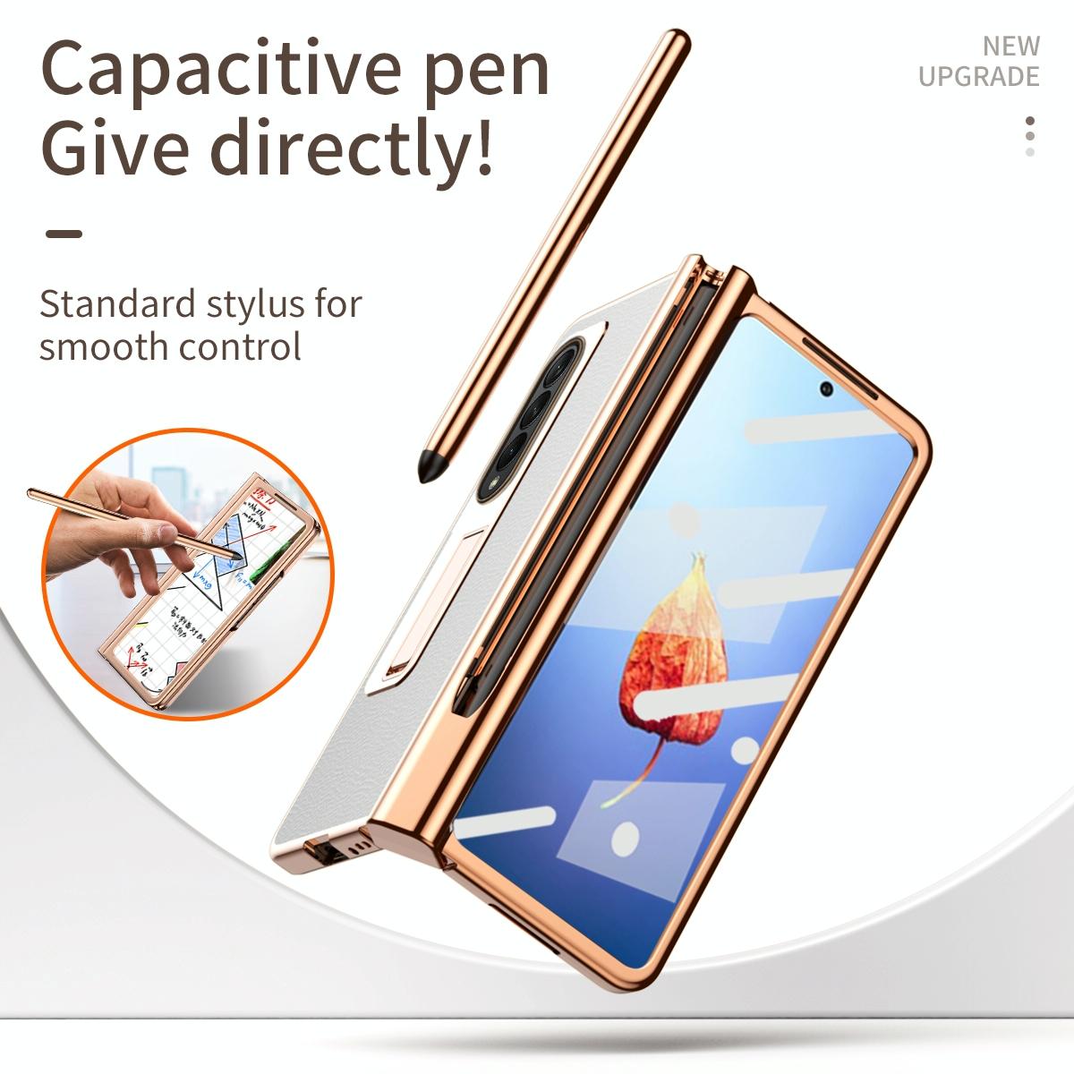 For Samsung Galaxy Z Fold4 5G Premium Litchi Leather Hinged Phone Case - With Pen - White