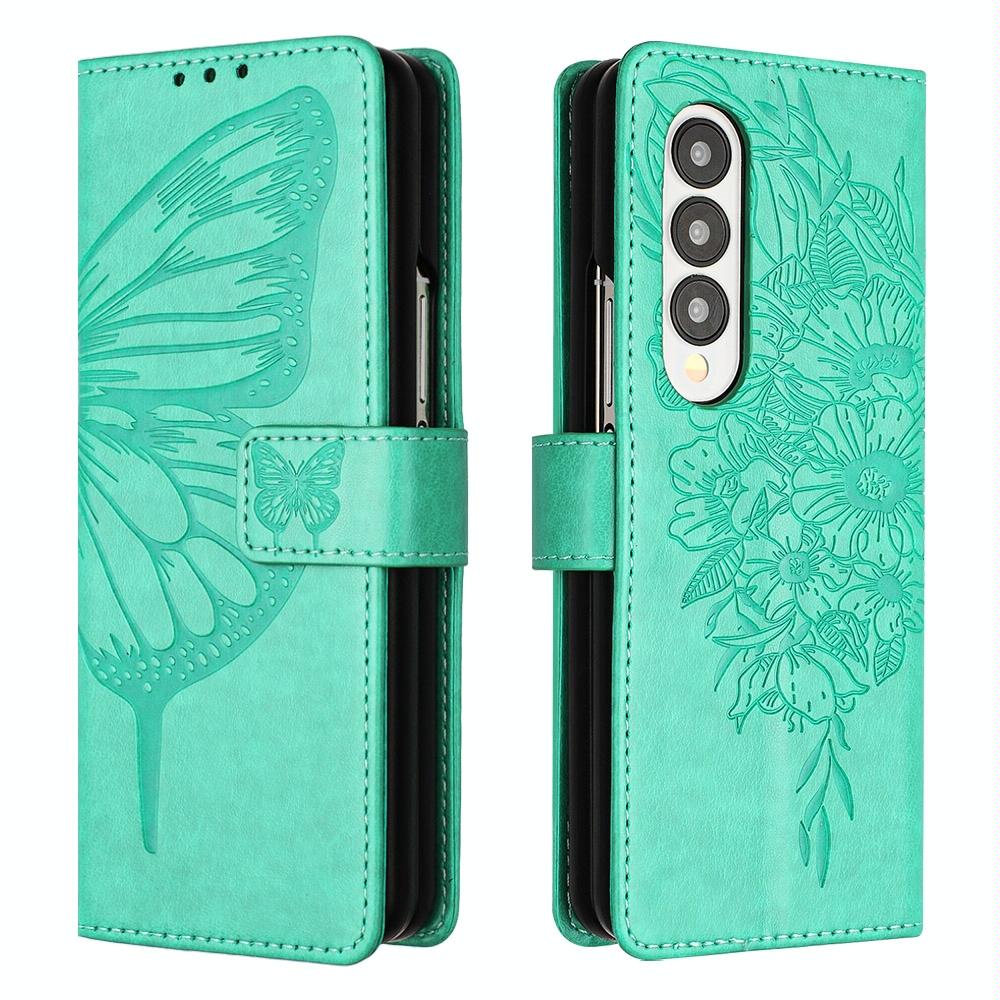 For Samsung Galaxy z Fold4 5G Butterfly Embossed Leather Phone Case - Green