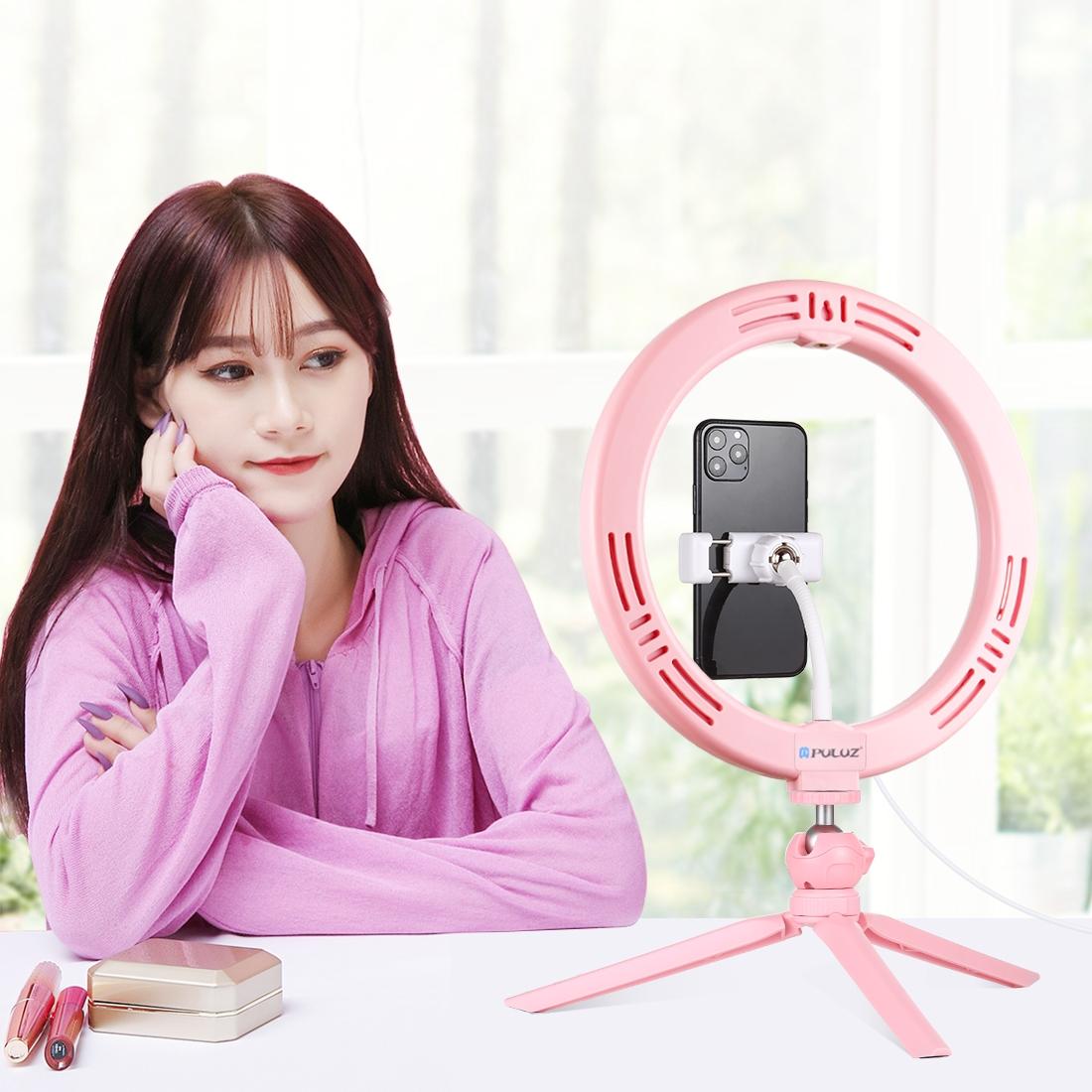 10.2 Led Ring Light with Tripod and Phone Clamp - 3 Modes Dual Colour Temperature Dimmable - Pink