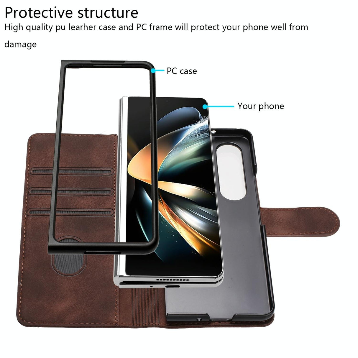 For Samsung Galaxy Z Fold4 5G Leather Phone Case With Heart Pattern - Brown