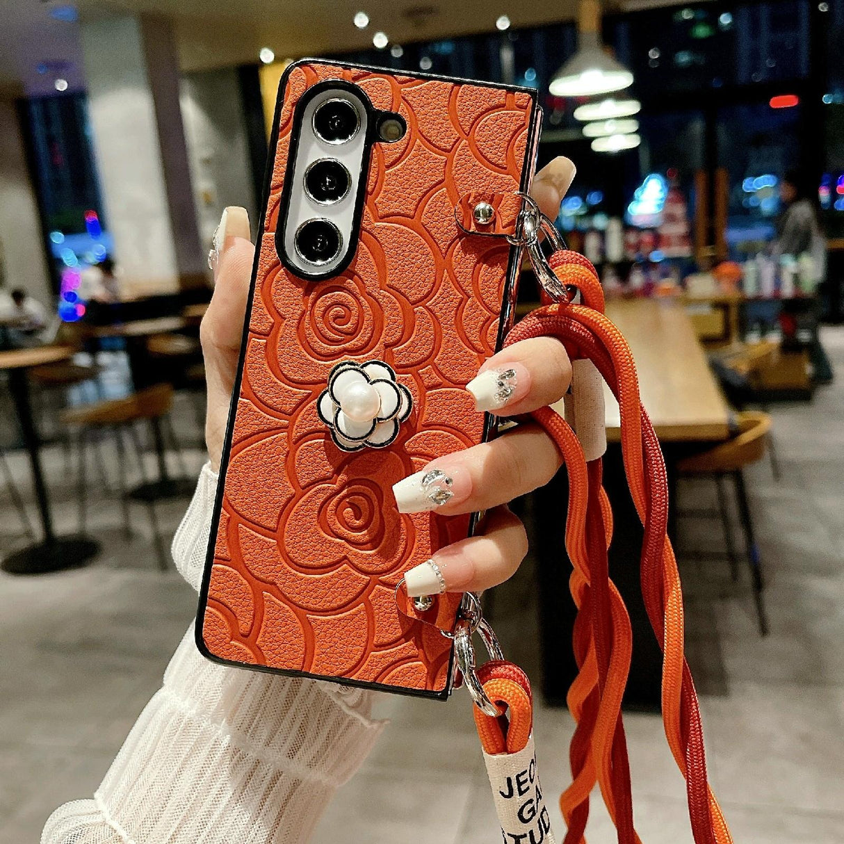 For Samsung Galaxy Z Fold4 5G Camellia Pattern Phone Case With Lanyard - Red