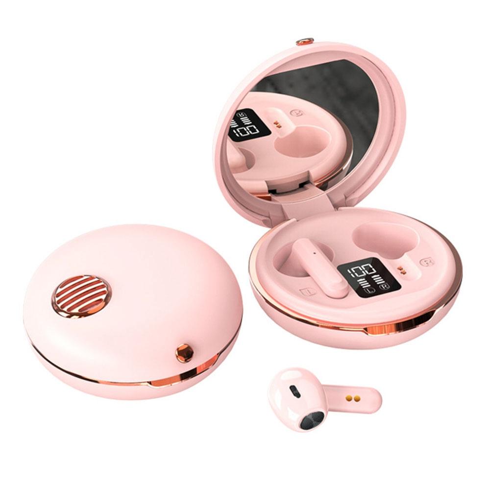 Wireless Hifi Stereo Earphones with Charging Case and Make-up Mirror - Pink