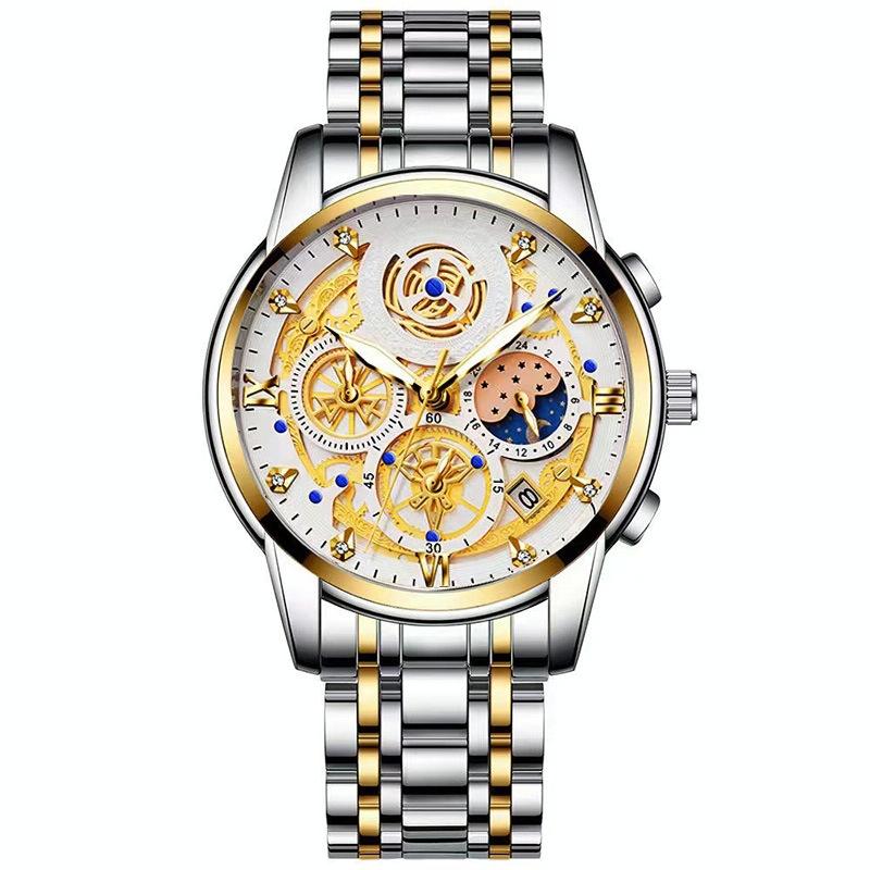 Waterproof Luminous Quartz Watch with Multifunctional Design - Inter-Gold White Surface