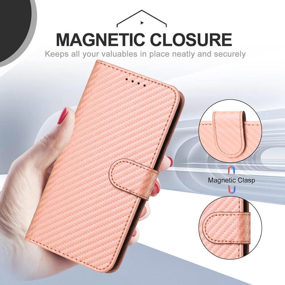 For Samsung Galaxy Z Fold4 5G Carbon Fiber Leather Phone Case With Lanyard - Pink