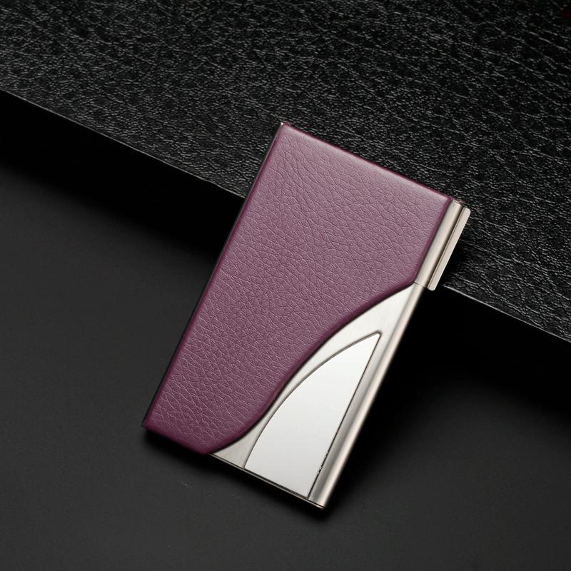 Stainless Steel Business Card Case Large Capacity - Litchi Purple
