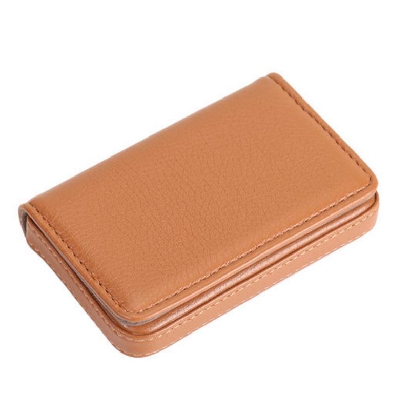 Stainless Steel Magnetic Business Card Holder Pu Leather Case - Apricot