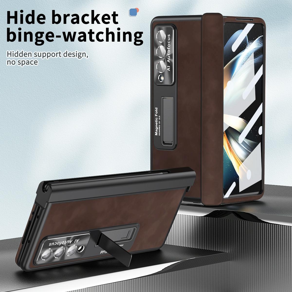 For Samsung Galaxy Z Fold4 5G Magnetic Phone Case - Napa Pattern - Brown
