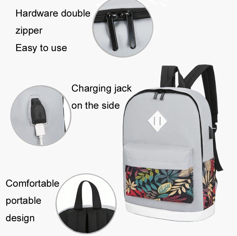 Versatile Student Backpack with Usb Port - College Style - Leaves Gray