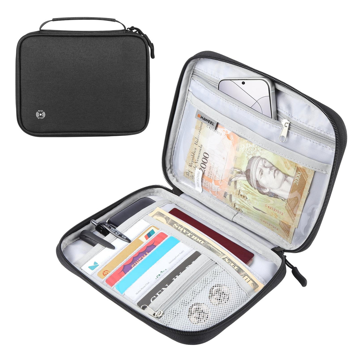 Passport Wallet With Handle Document Organizer & Card Holder - Grey