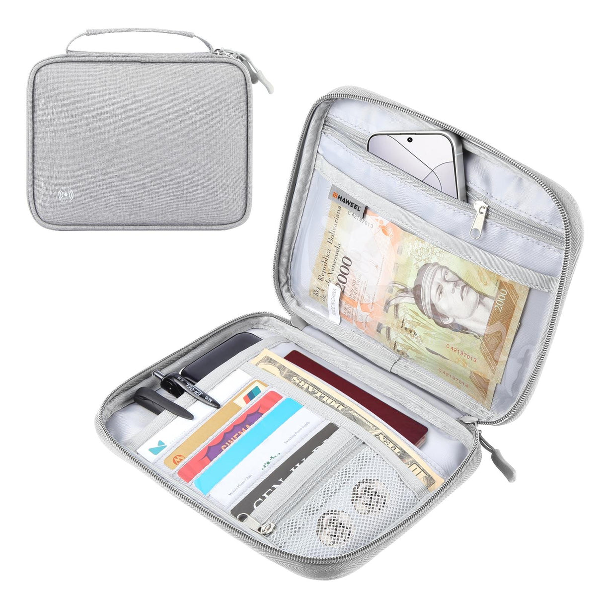 Passport Wallet With Handle Document Organizer & Card Holder - Grey