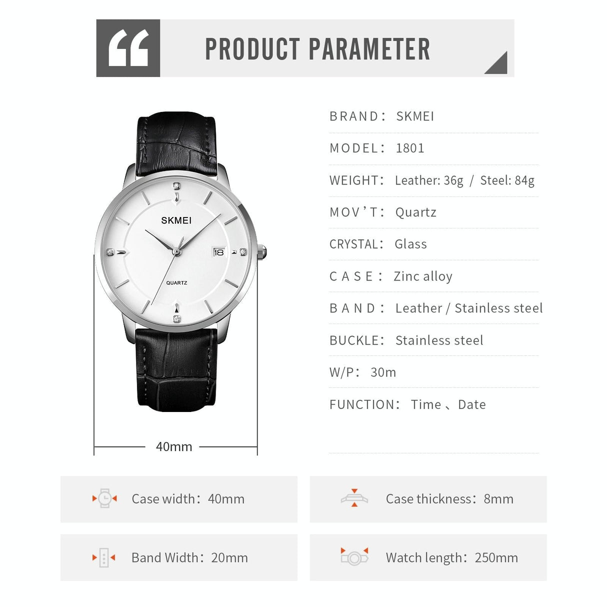 Men Casual Quartz Watch with Calendar - 1801 - Black Steel Belt