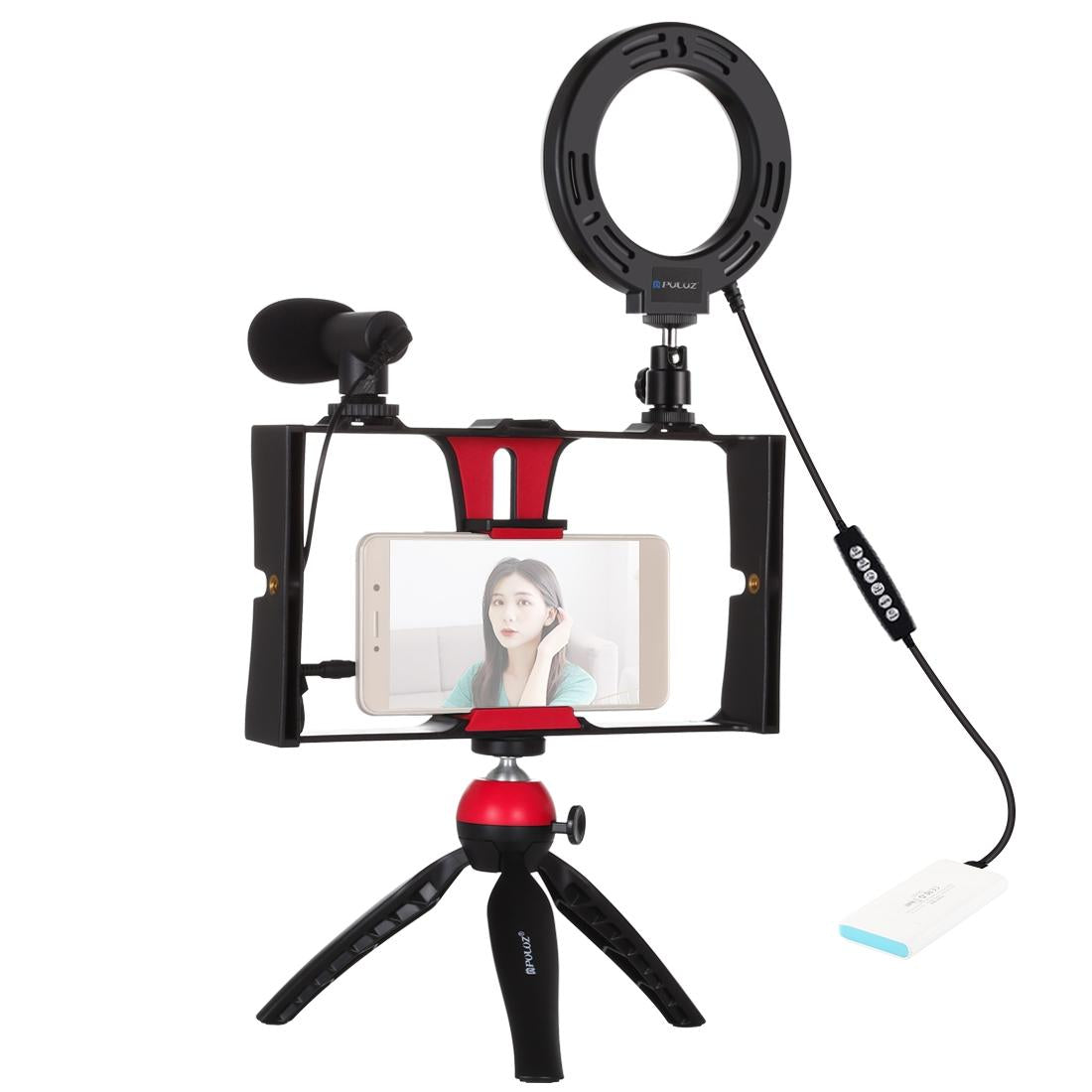 Vlogging Live Broadcast Smartphone Video Rig With 4.7 Inch Rgbw Ring Led Selfie Light Microphone And Pocket Tripod Mount Kit - Blue