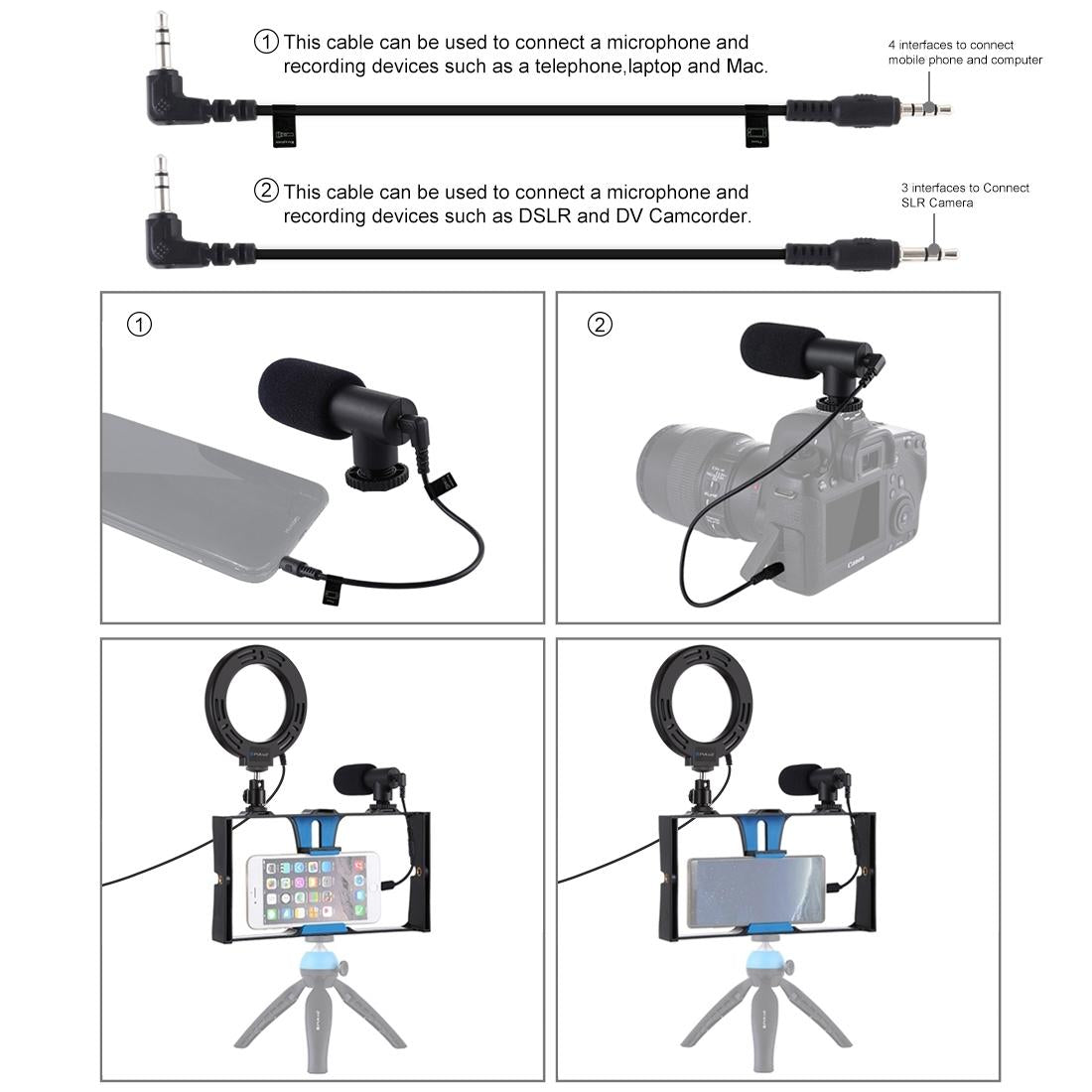 3-In-1 Vlogging Kit With Smartphone Rig Microphone And Led Ring Light - Blue