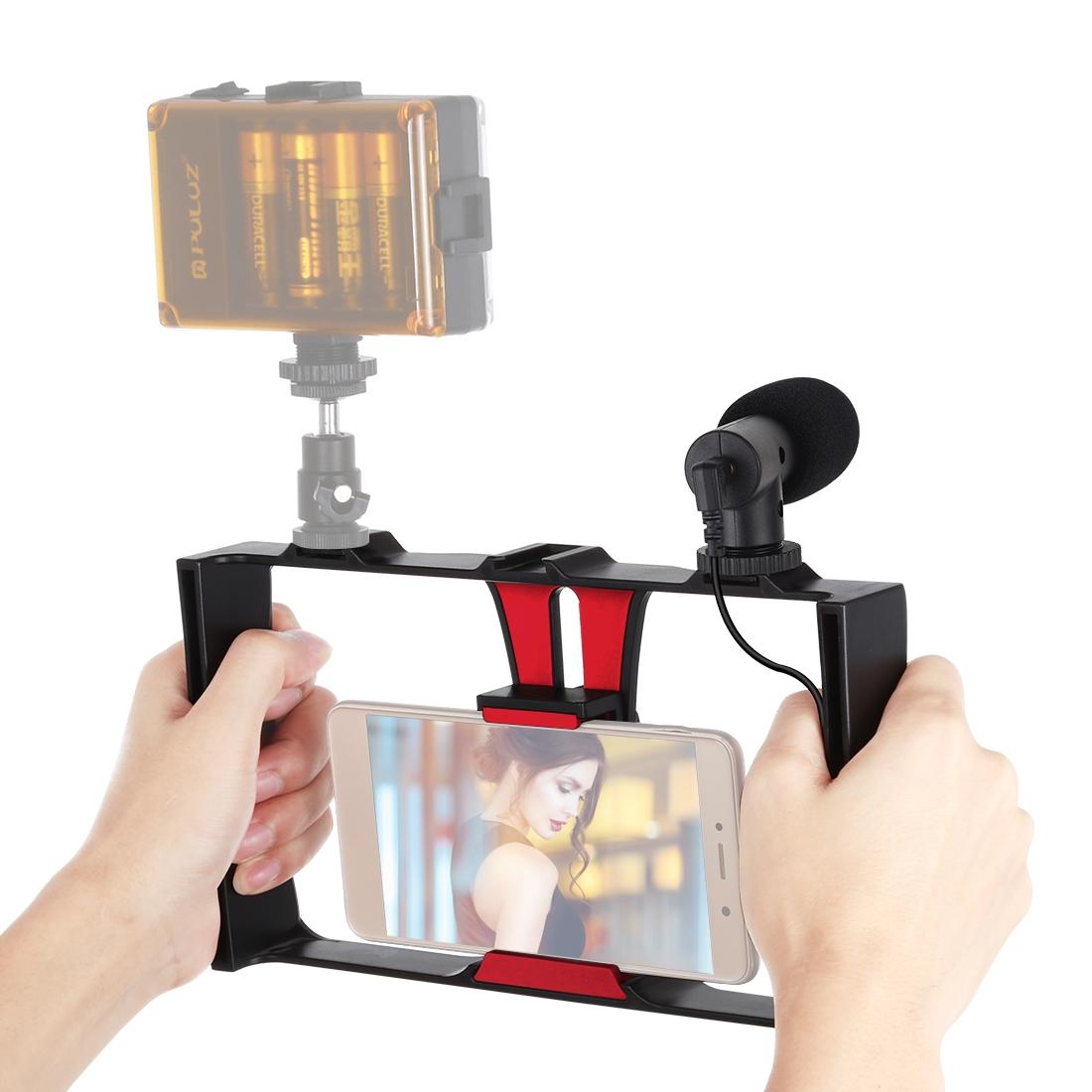 Smartphone Video Rig & Microphone Kit For Live Broadcast - Compatible With Iphone Galaxy Huawei Xiaomi Htc Lg Google And More - Red