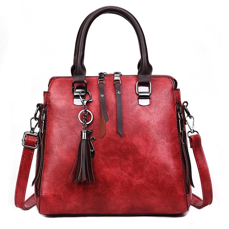 Red Pu Shoulder Bag With Tassel & Cat Pendant