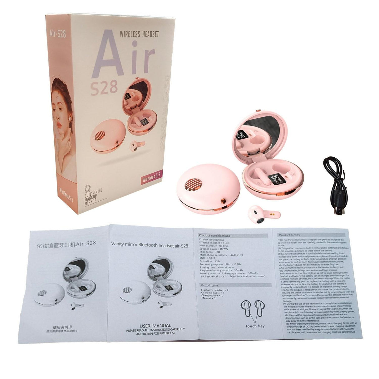Wireless Hifi Stereo Earphones with Charging Case and Make-up Mirror - White