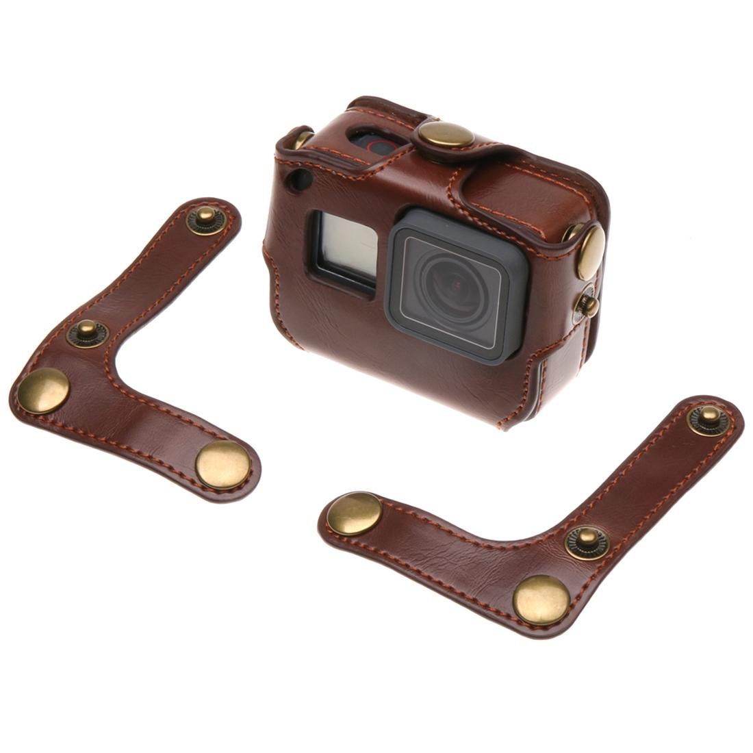 Leather Housing Case with Neck Strap and Buttons for Gopro Hero7 / 6 / 5 - Black - Brown