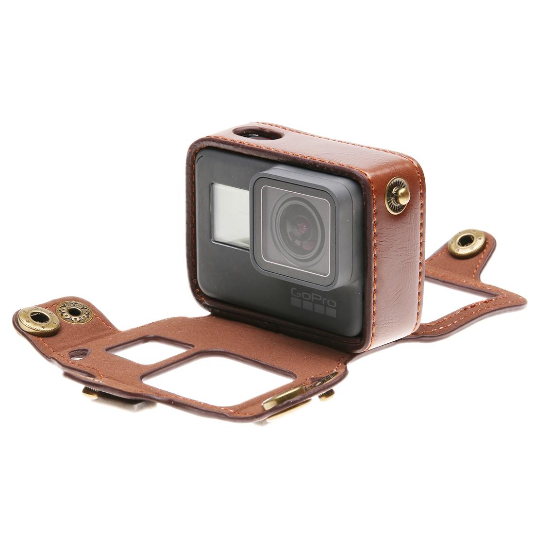 Leather Housing Case with Neck Strap and Buttons for Gopro Hero7 / 6 / 5 - Black - Brown
