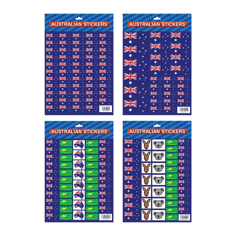 Australian Flag Stickers 4x A4 Sheets of Festive Stickers for Australia Day Celebrations