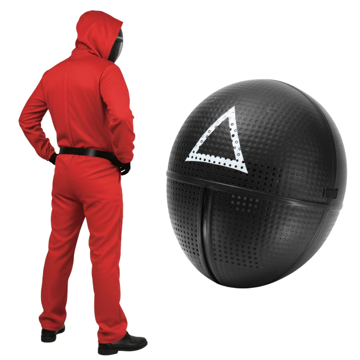 Adult Squid Game Guard Tracksuit Red Full Party Costume Set w/ Mask - Triangle Mask - S/M
