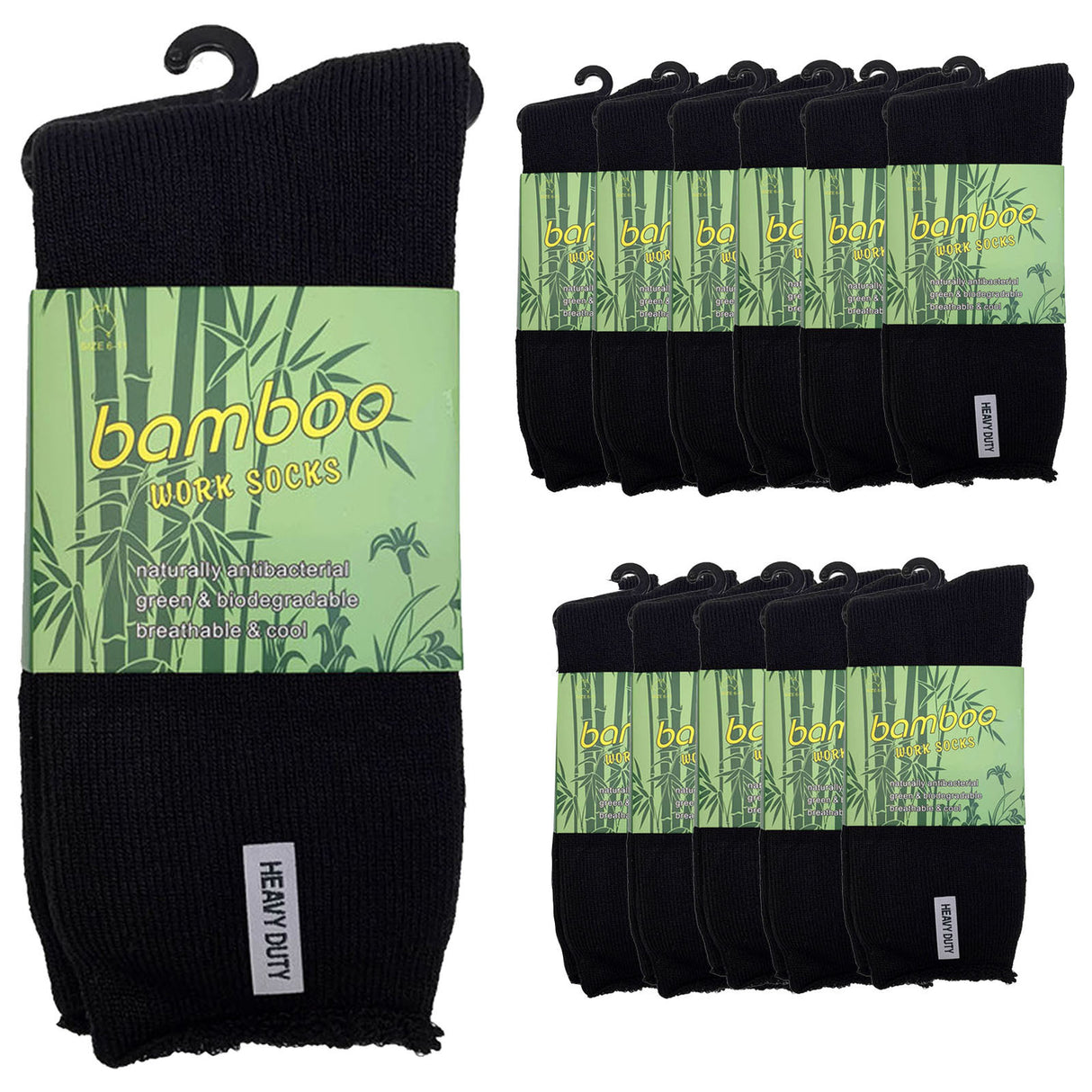 12 Pairs PREMIUM BAMBOO SOCKS Mens Heavy Duty Thick Work Socks Cushion BULK - Black - 6-11