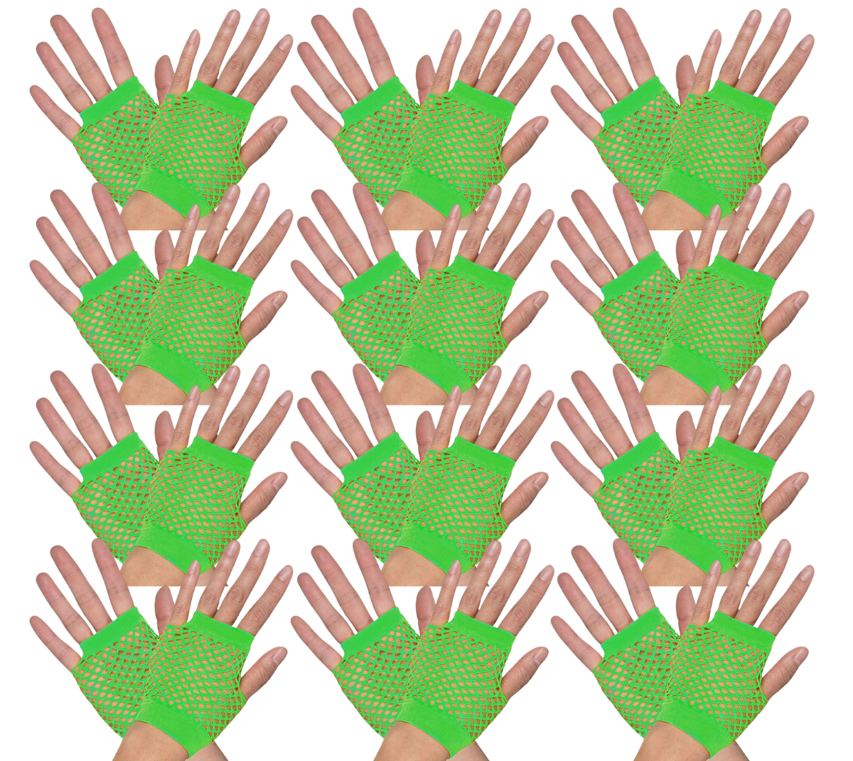 Bulk 12 Pair Fingerless Fishnet Gloves in Neon Green for 70s and 80s Costume Parties