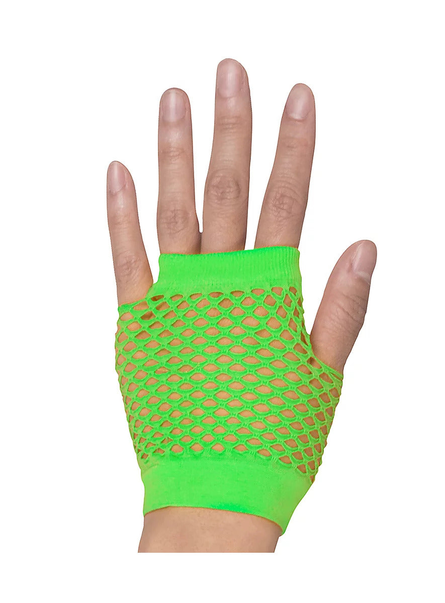 Bulk 12 Pair Fingerless Fishnet Gloves in Neon Green for 70s and 80s Costume Parties