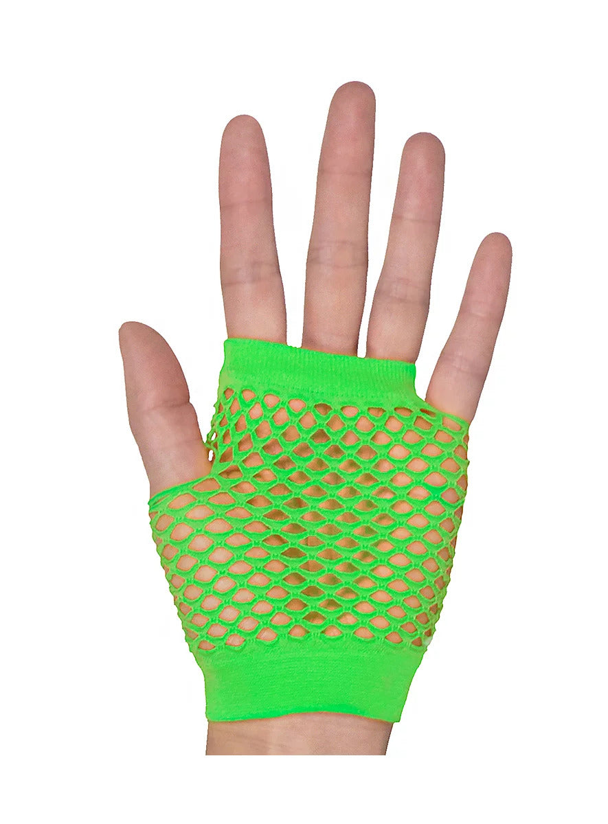 Bulk 12 Pair Fingerless Fishnet Gloves in Neon Green for 70s and 80s Costume Parties