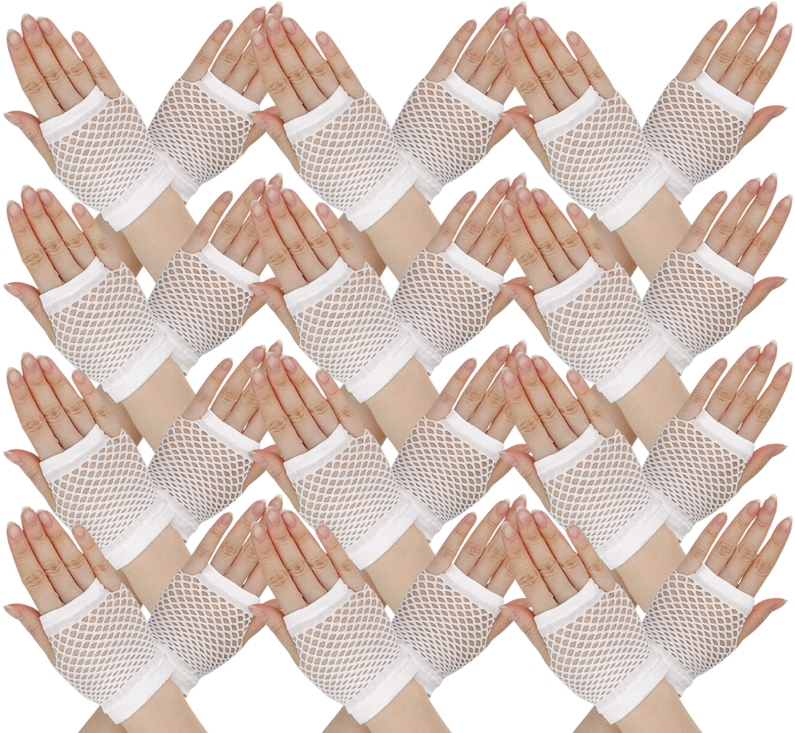 12 Pack Fingerless Fishnet Wrist Gloves for 70s and 80s Costume Parties - White