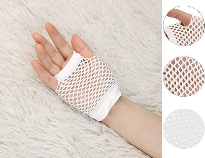 12 Pack Fingerless Fishnet Wrist Gloves for 70s and 80s Costume Parties - White