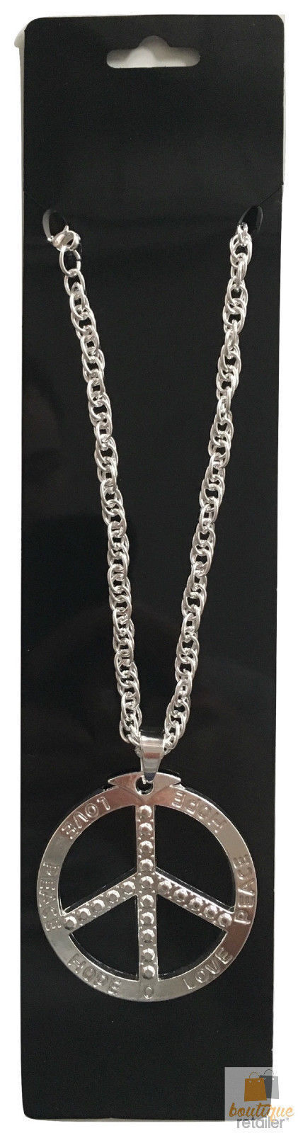 PEACE Sign Metal Necklace Chain Hippie Costume Party Pendant Chain Jewellery 70s 60s - Silver