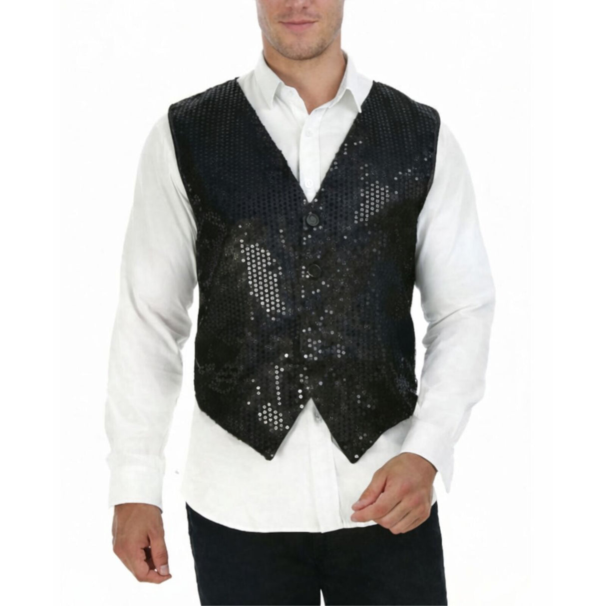 Mens Sequin Vest Waistcoat Disco Sparkle Costume Dance Party One Size - Black