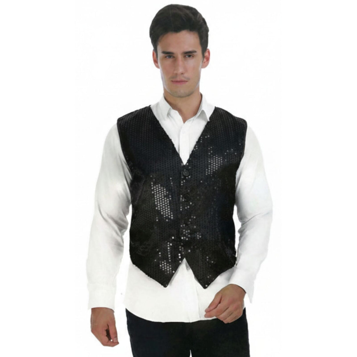 Mens Sequin Vest Waistcoat Disco Sparkle Costume Dance Party One Size - Black