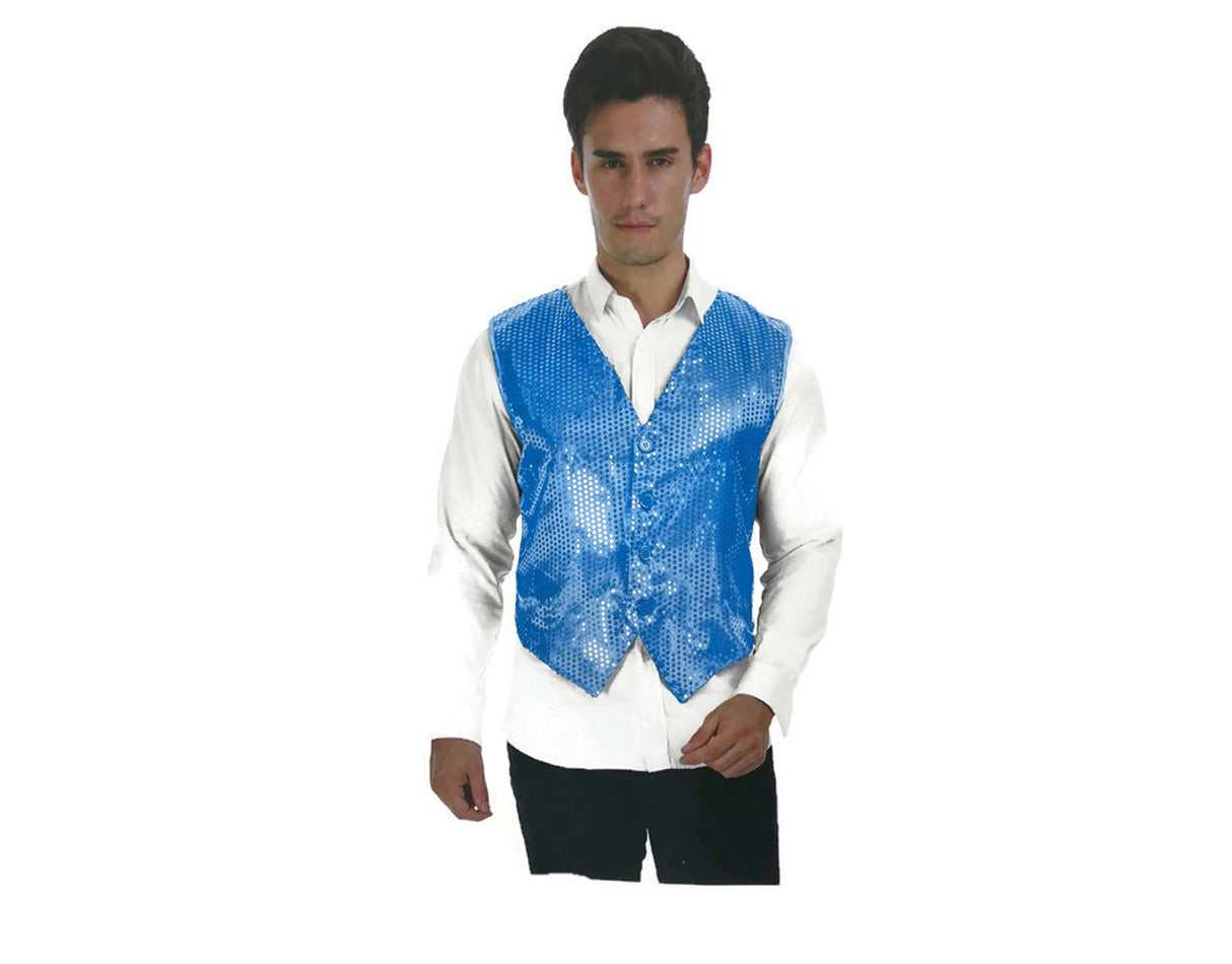 Mens Premium SEQUIN VEST Waistcoat Dance Costume Disco Sparkle Deluxe - Light Blue